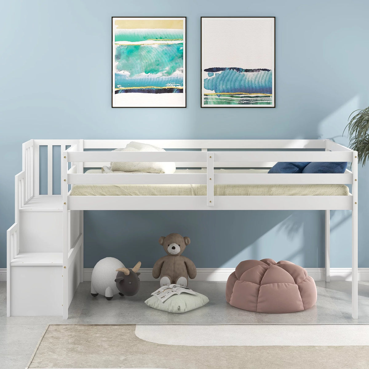 White Twin Size Loft Bed with Stairs and Storage J432917