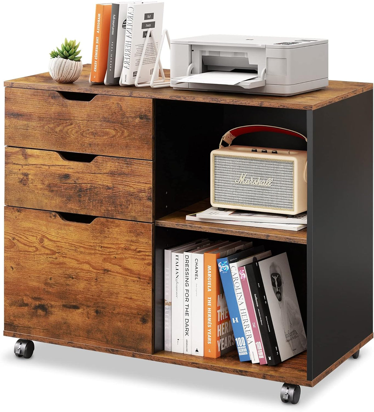 White 3-Drawer Wood Mobile File Cabinet with Storage Shelves Q989280