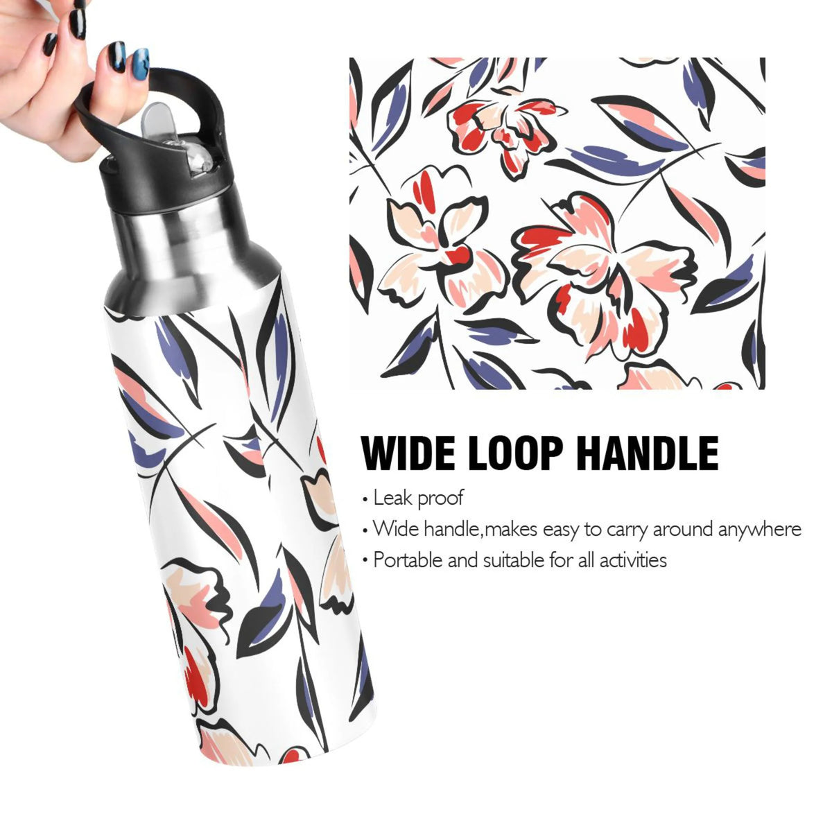 Retro Blue Flowers Stainless Steel Insulated Water Bottle with Straw Lid M5306