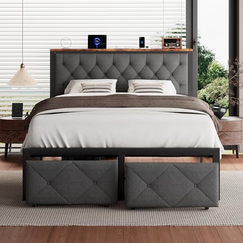 Twin Bed Frame with Storage Drawers Linen Upholstered Headboard Grey D93391