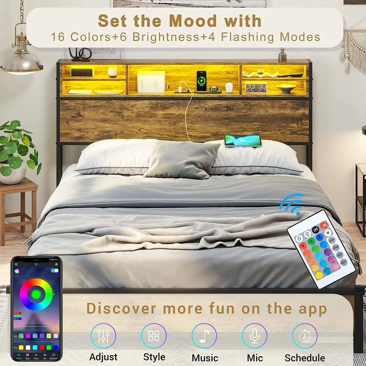 Queen RGB Led Light Metal Platform Bed with Storage Headboard O609