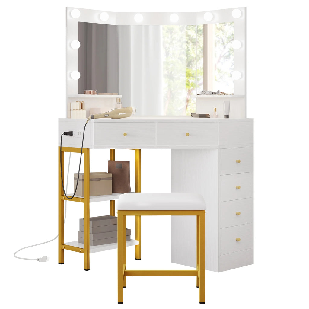 White Corner Vanity Desk with Lights & Mirror O201551