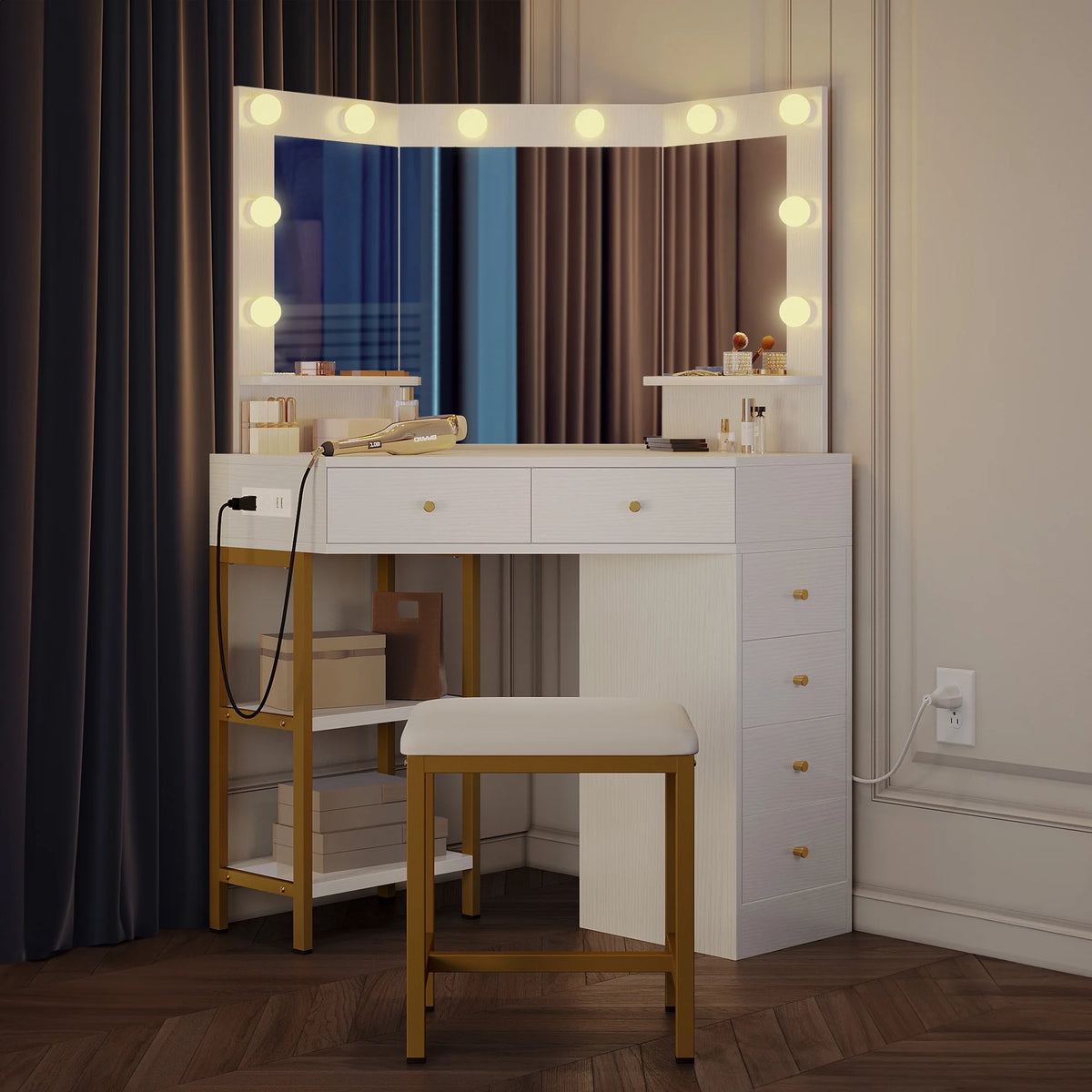 White Corner Vanity Desk with Lights & Mirror O201551