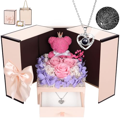 Preserved Rose Moss Bear with I Love You Necklace Roses J858