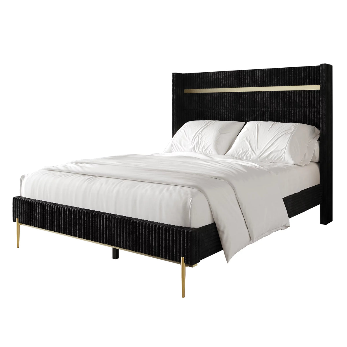 Gold PU Strip Velvet Upholstered Wingback Headboard Bed O507