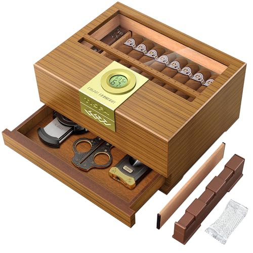 Cedar Wood Desktop Humidor Box with Digital Hygrometer and Glass Top L11359