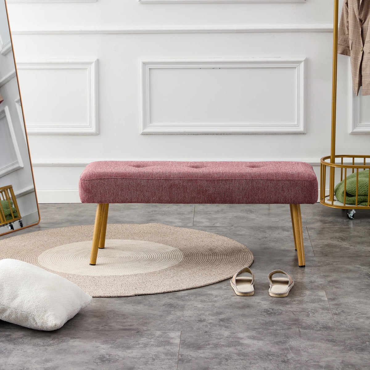 Pink Linen Upholstered Tufted Bench with Wood Legs X978