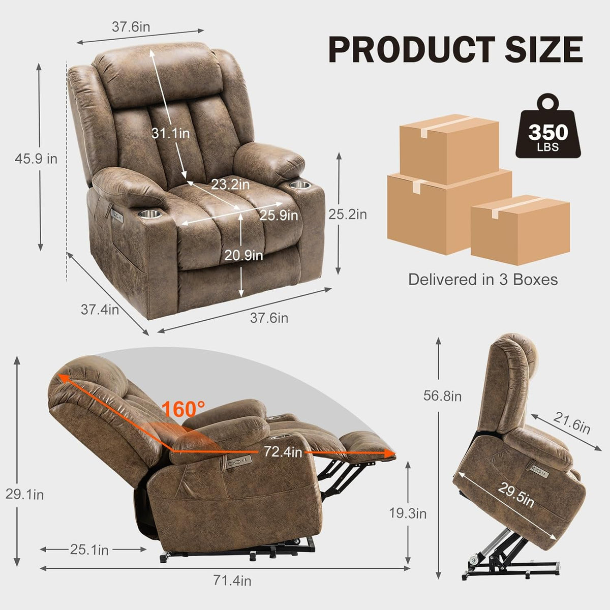 Light Brown Power Lift Recliner with Heated and Massage, USB, Cup Holder Z724958