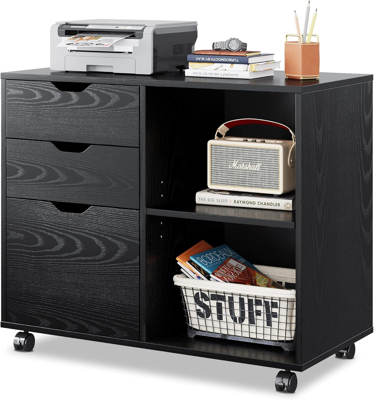 White 3-Drawer Wood Mobile File Cabinet with Storage Shelves Q989280