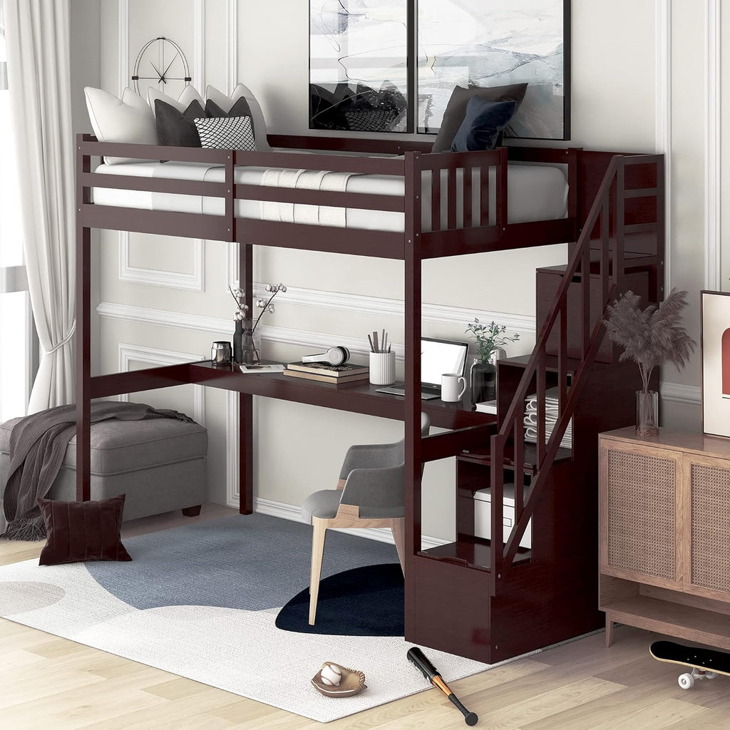 Twin Size White Loft Bed with Desk and Staircase Storage I4222