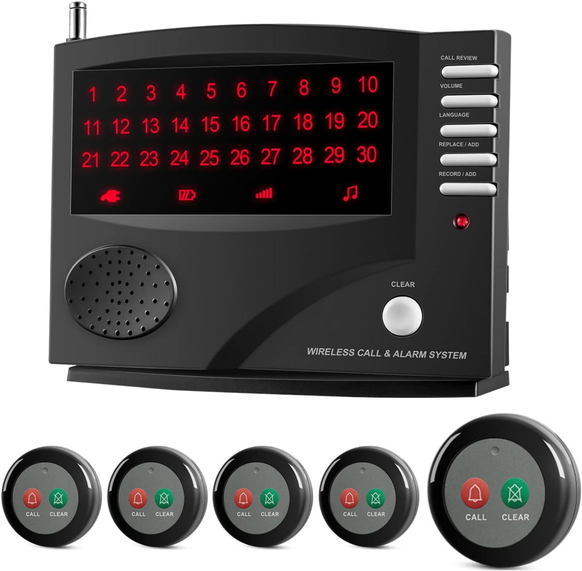 Wireless Call System with 5 Dual Function Call Buttons and 1 Central Monitoring Unit I33602