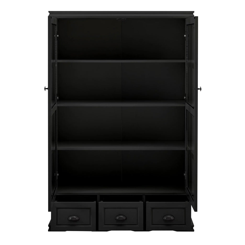 Black Storage Cabinet with Tempered Glass Doors and Triple Drawers O73612