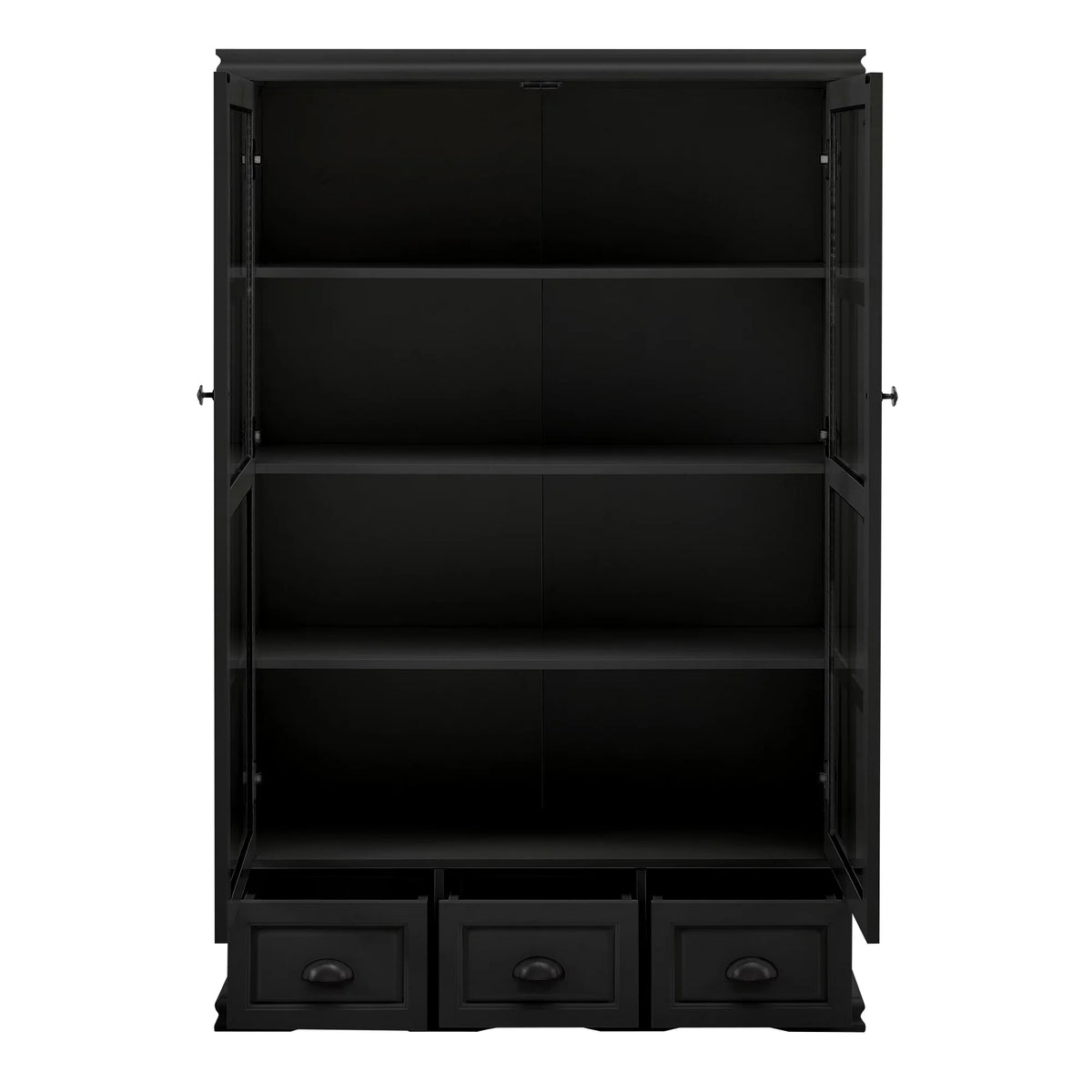 Black Storage Cabinet with Tempered Glass Doors and Triple Drawers O73612