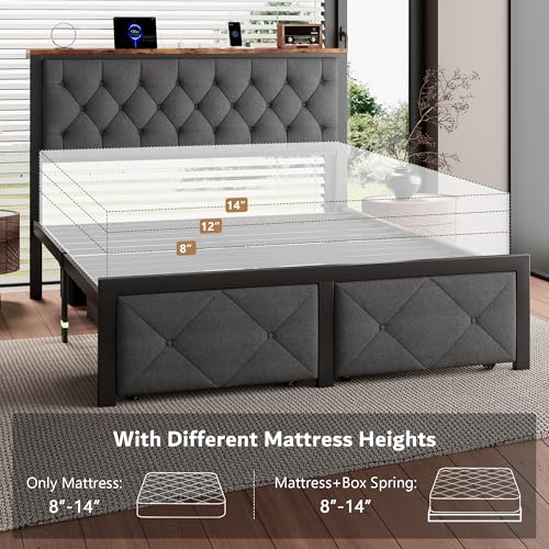 Twin Bed Frame with Storage Drawers Linen Upholstered Headboard Grey D93391