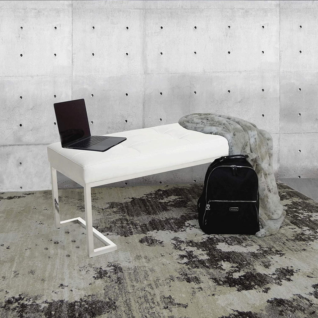White Rectangle Tufted Faux Leather Bench S123175