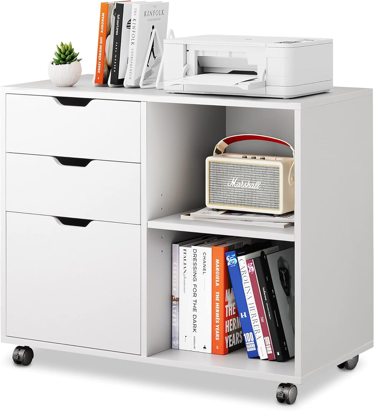White 3-Drawer Wood Mobile File Cabinet with Storage Shelves Q989280