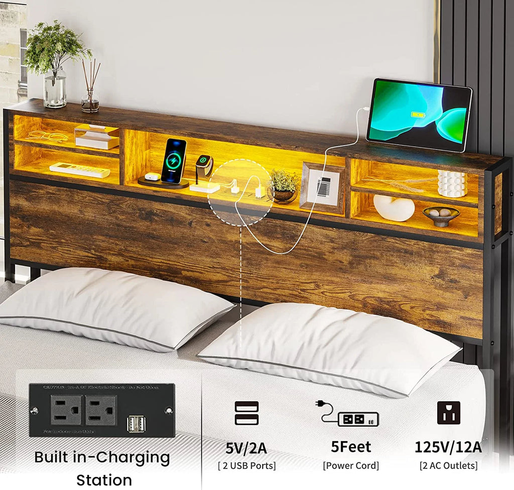 Queen RGB Led Light Metal Platform Bed with Storage Headboard O609