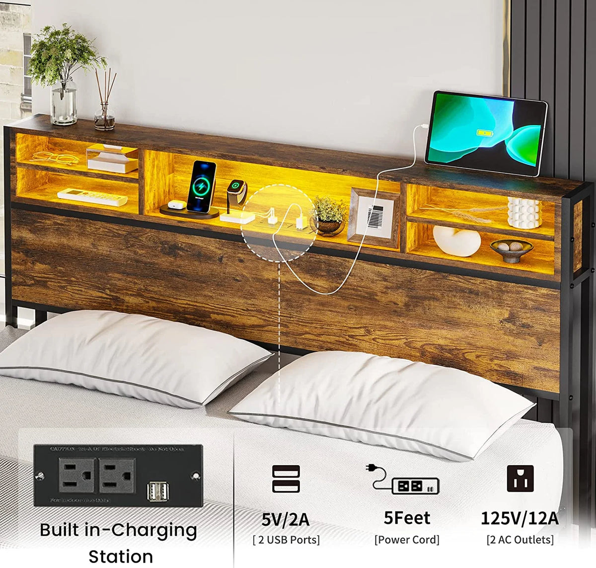 Queen RGB Led Light Metal Platform Bed with Storage Headboard O609