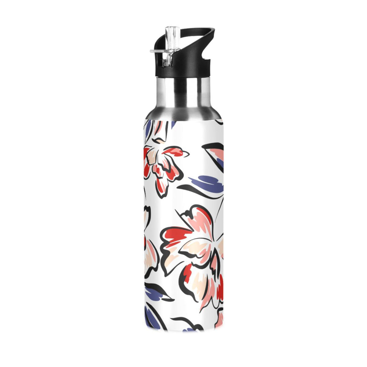 Retro Blue Flowers Stainless Steel Insulated Water Bottle with Straw Lid M5306