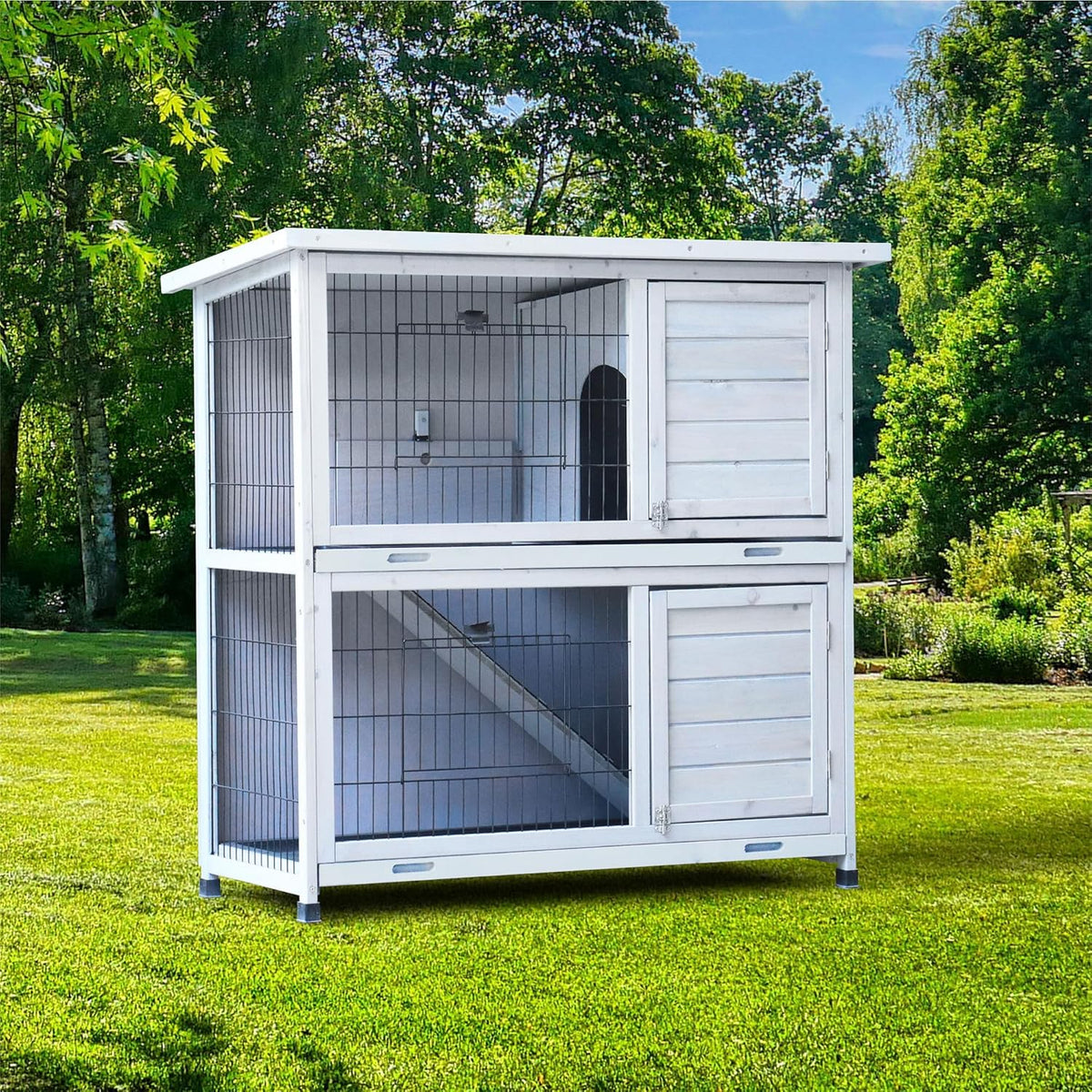 White 2-Story Large Rabbit Hutch with 2 Removable No-Leak Trays M812