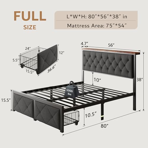 Twin Bed Frame with Storage Drawers Linen Upholstered Headboard Grey D93391