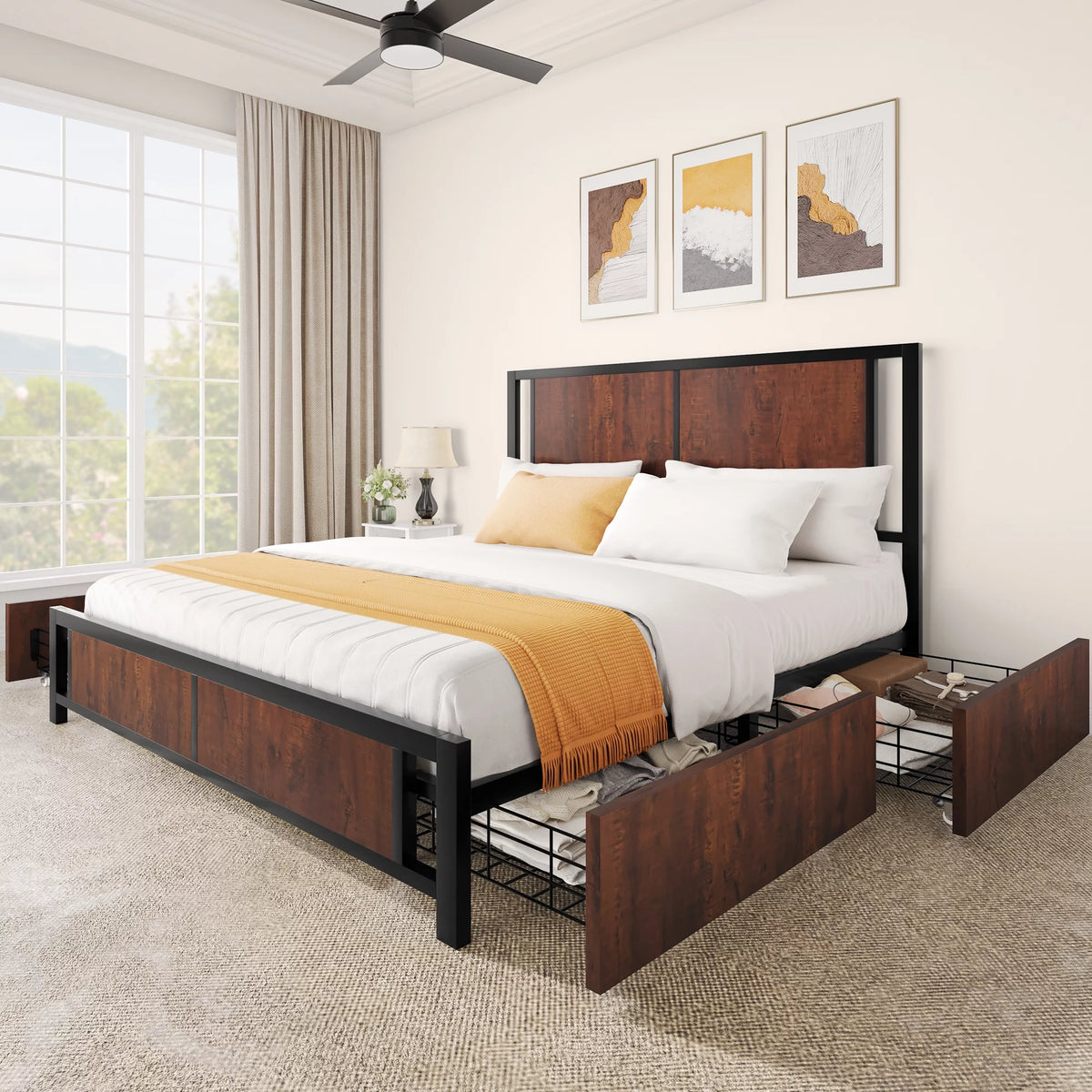 Queen Size Metal Platform Bed Frame with 4 Drawers N7300