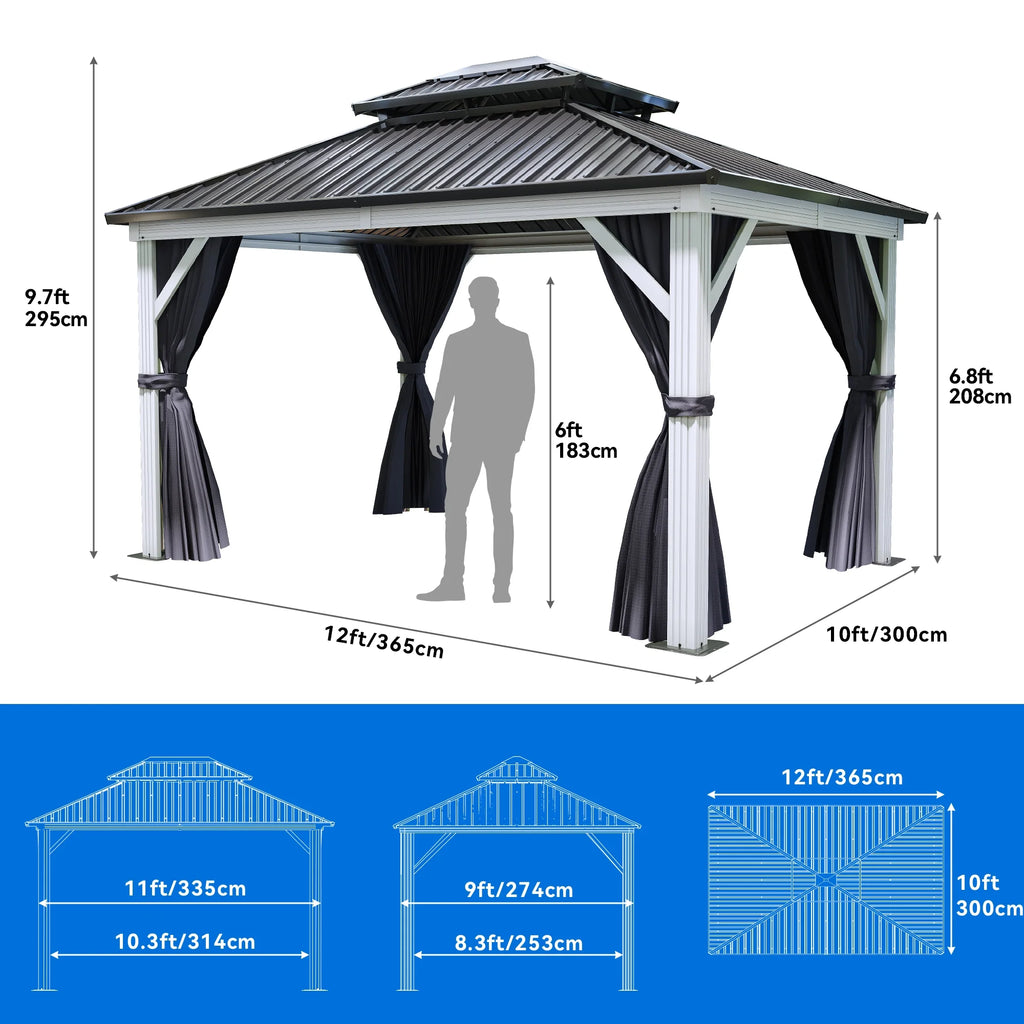 10x12ft Double Roof Hardtop Gazebo with Netting and Curtains T857336