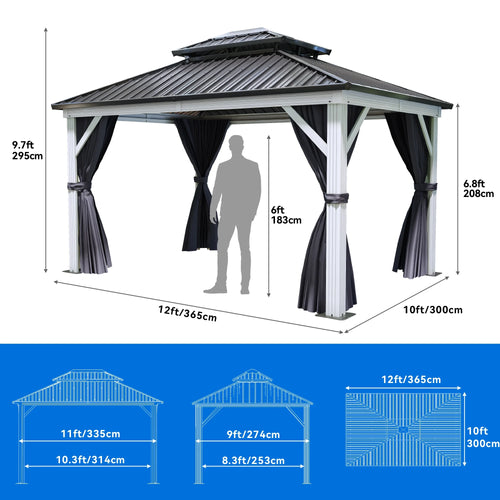 10x12ft Double Roof Hardtop Gazebo with Netting and Curtains T857336