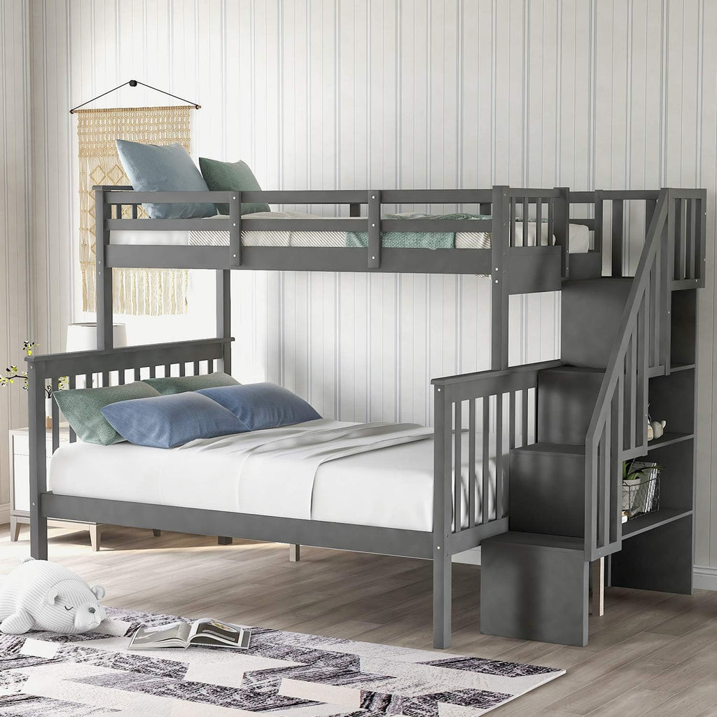 Twin Size White Loft Bed with Desk and Staircase Storage I4222
