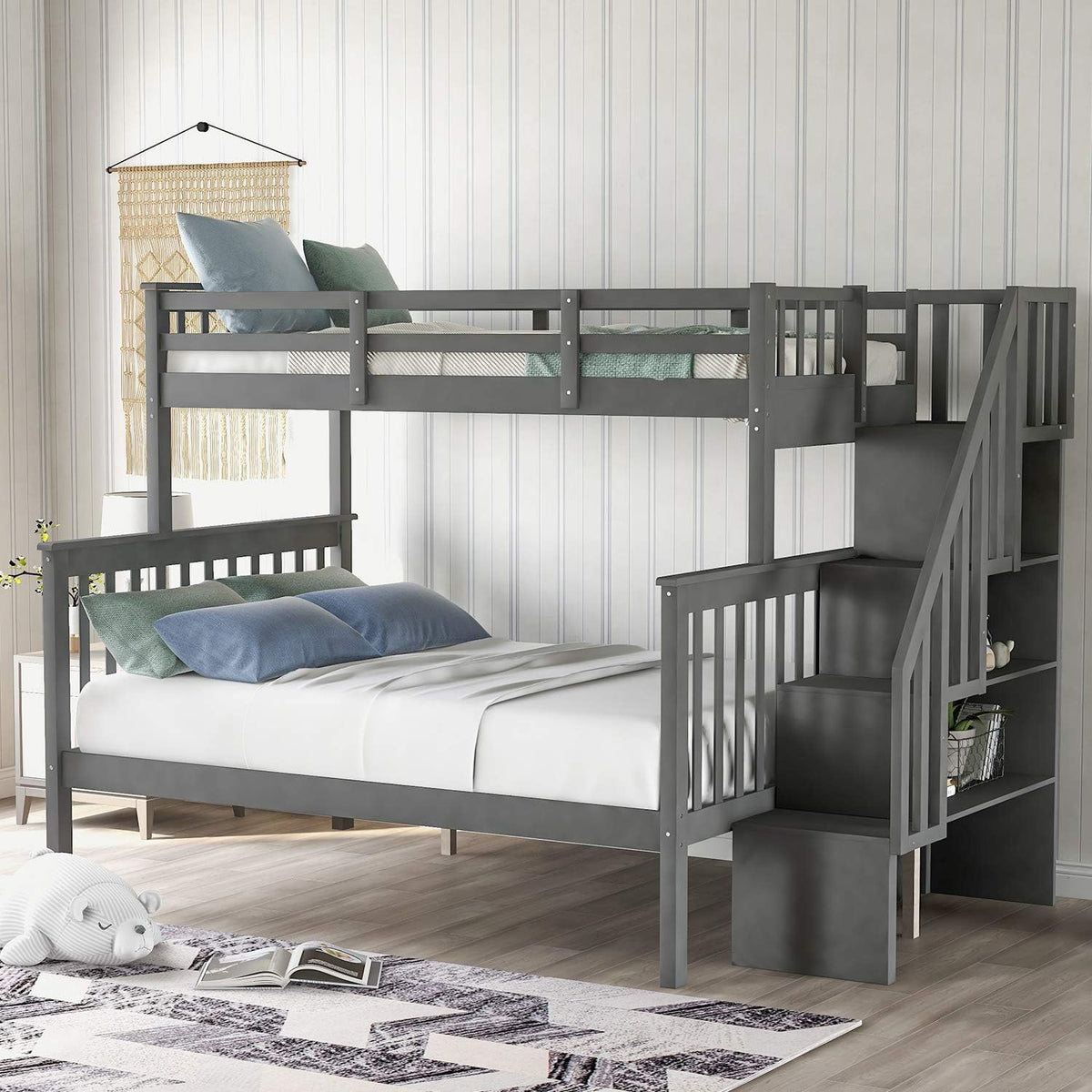 Twin Size White Loft Bed with Desk and Staircase Storage I4222
