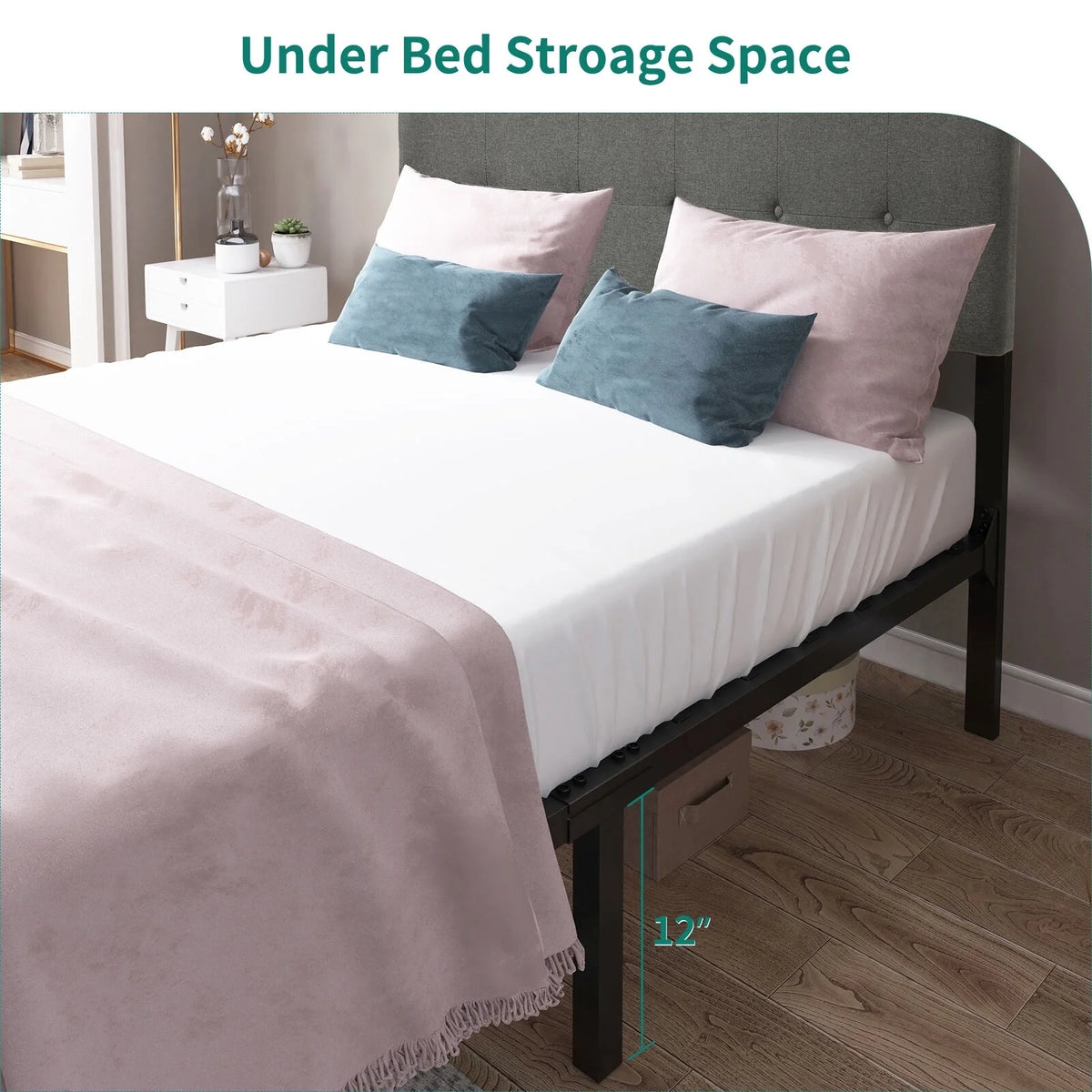 Queen Upholstered Platform Bed Frame with Adjustable Headboard S39742