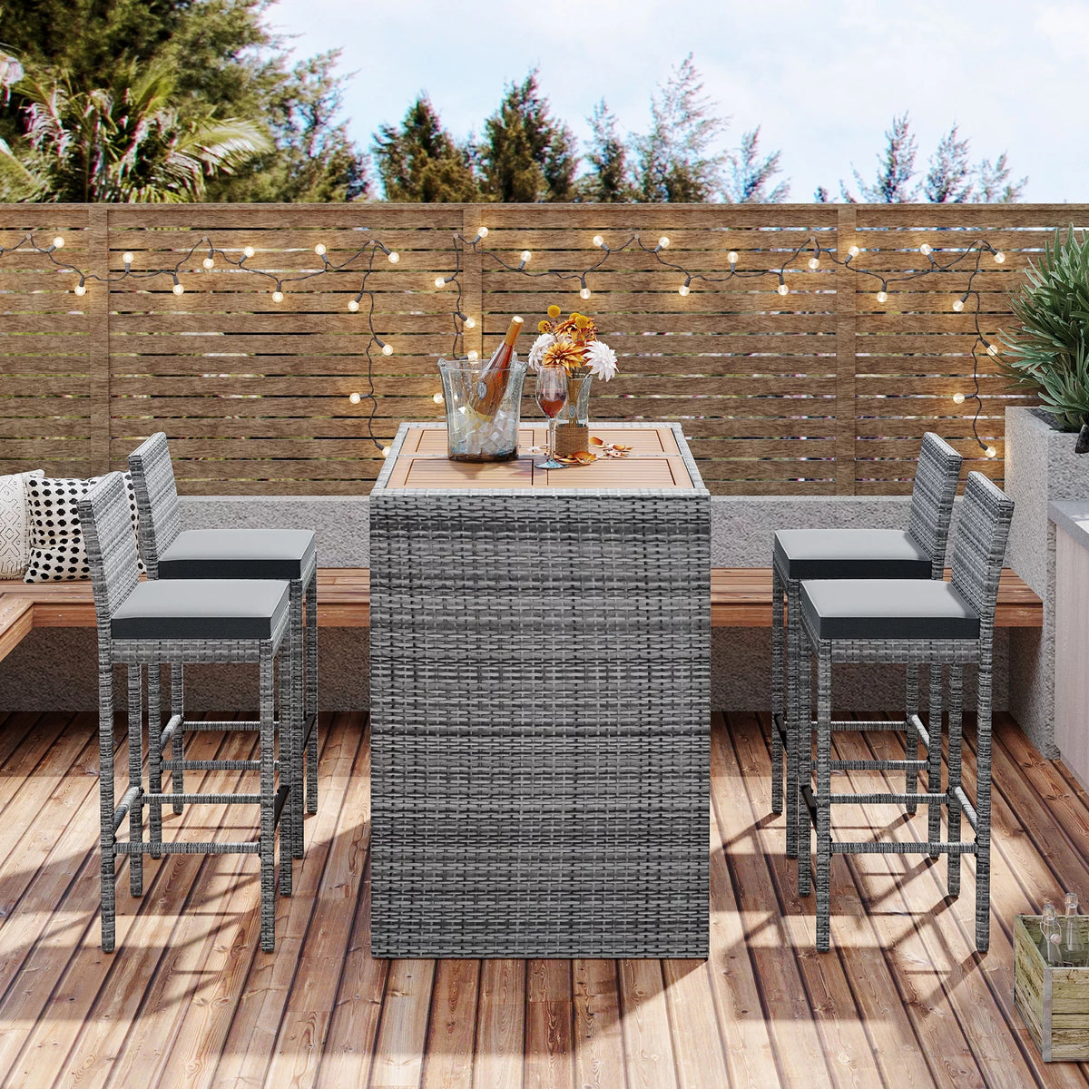 5 Pcs Gray Wicker Patio Bar Dining Table Set V58242