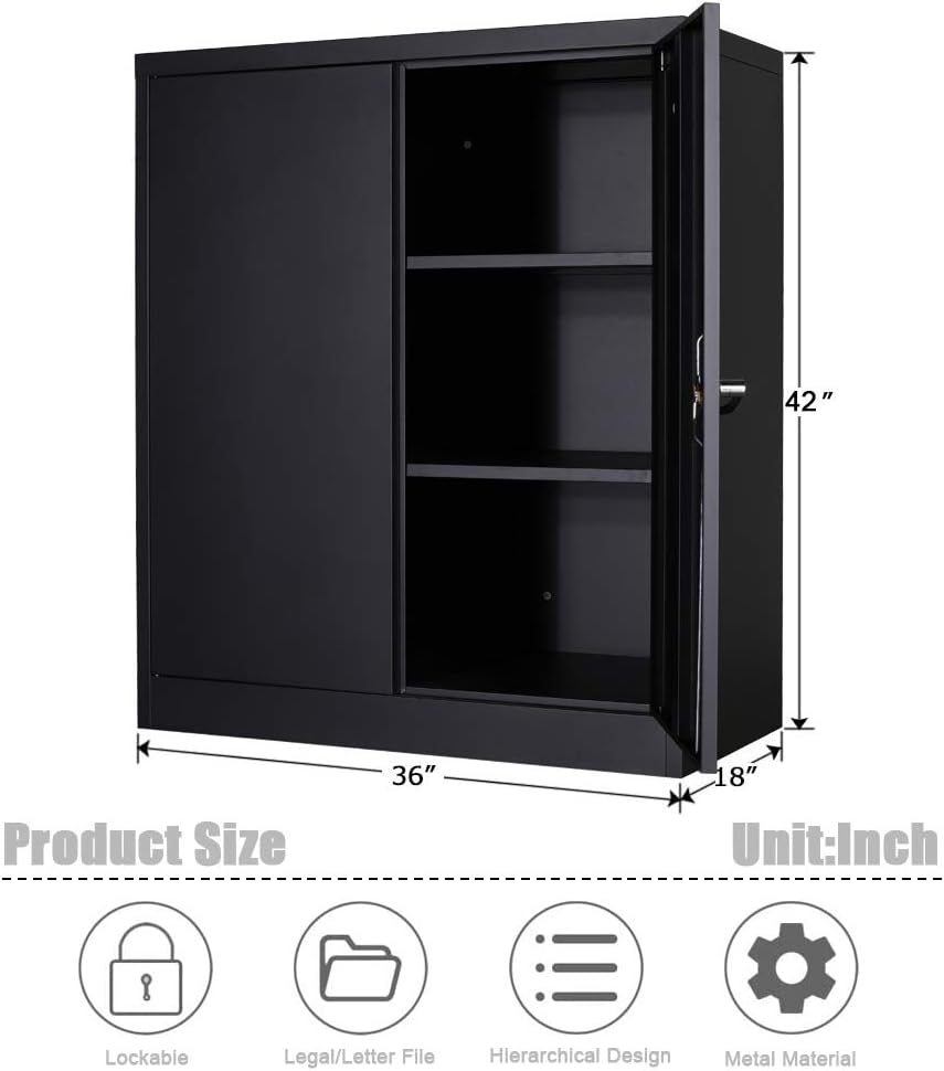 Black Metal Storage Cabinet with 2 Adjustable Shelves M2386