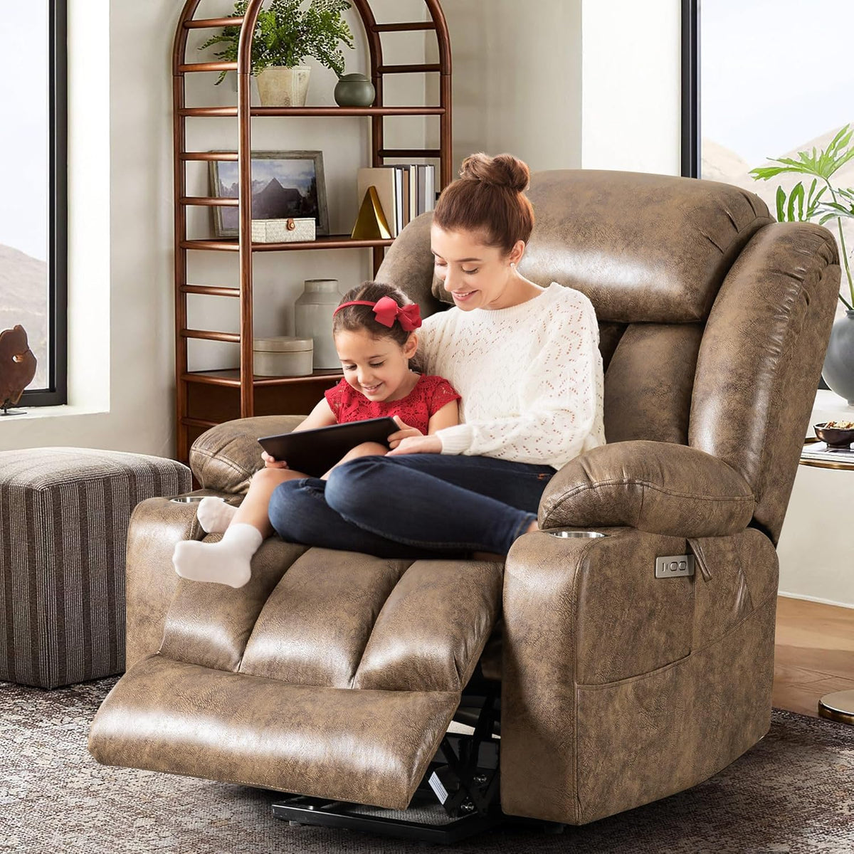 Light Brown Power Lift Recliner with Heated and Massage, USB, Cup Holder Z724958