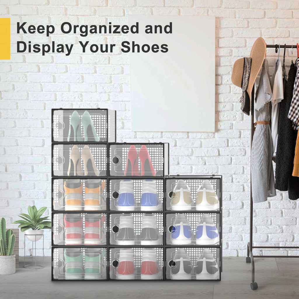 12 Pack Black Plastic Stackable Shoe Storage Box J8897