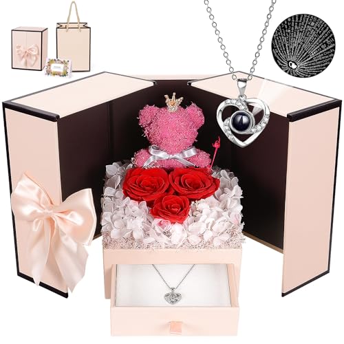 Preserved Rose Moss Bear with I Love You Necklace Roses J858
