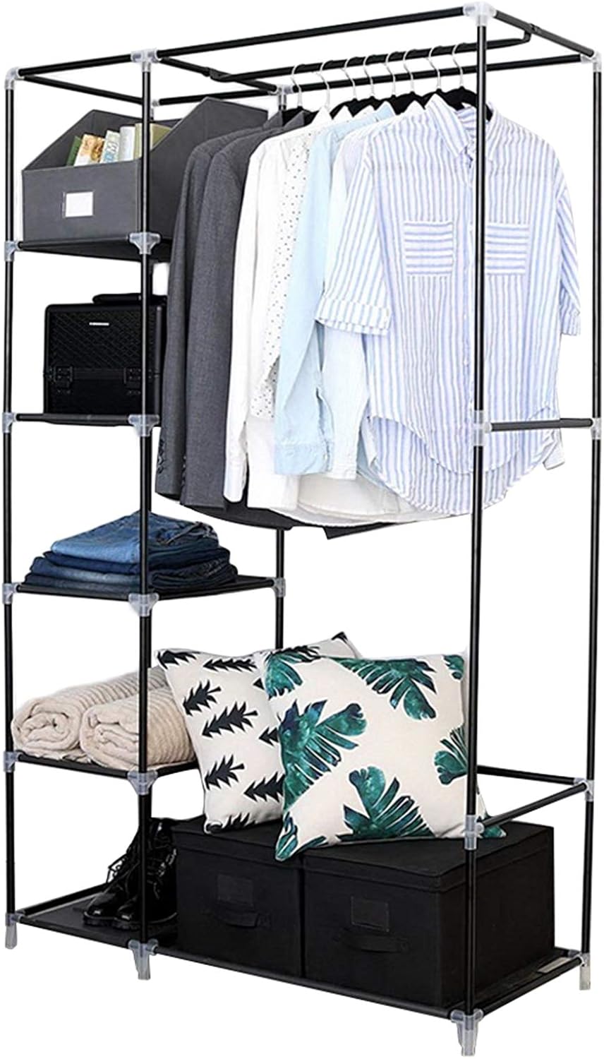 Black Non-Woven Fabric Portable Closet Wardrobe with Shelves and Cover J22423