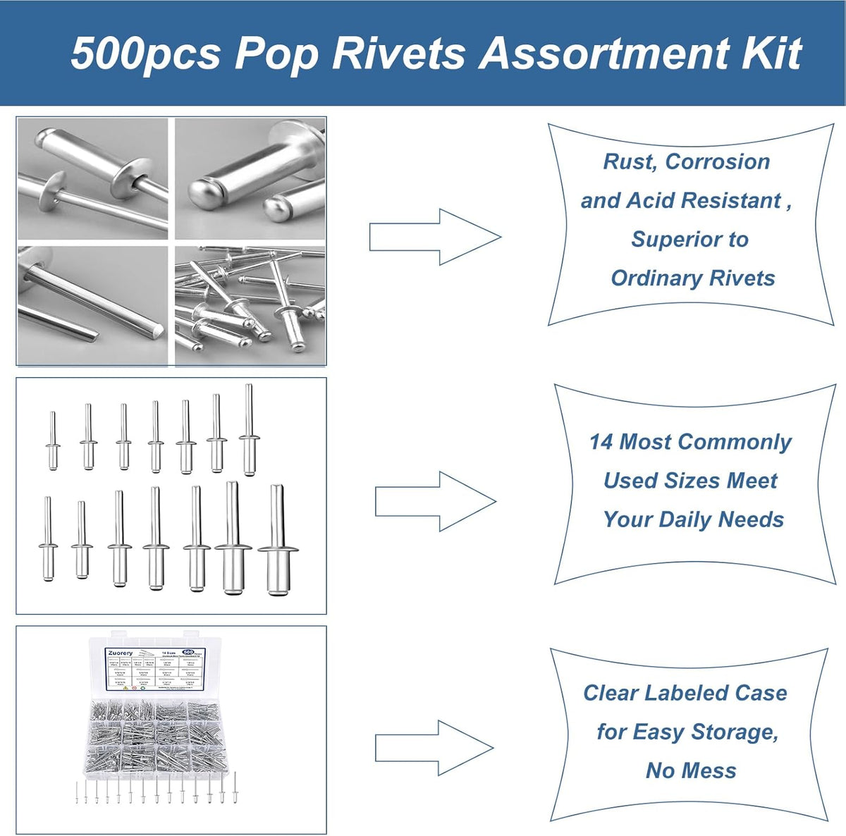500pcs 14 Sizes Aluminum Blind Rivets Assortment Kit O345