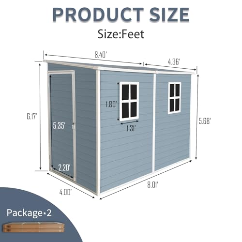4x8 ft Grey Resin Storage Shed with Floor and 2 Windows U278
