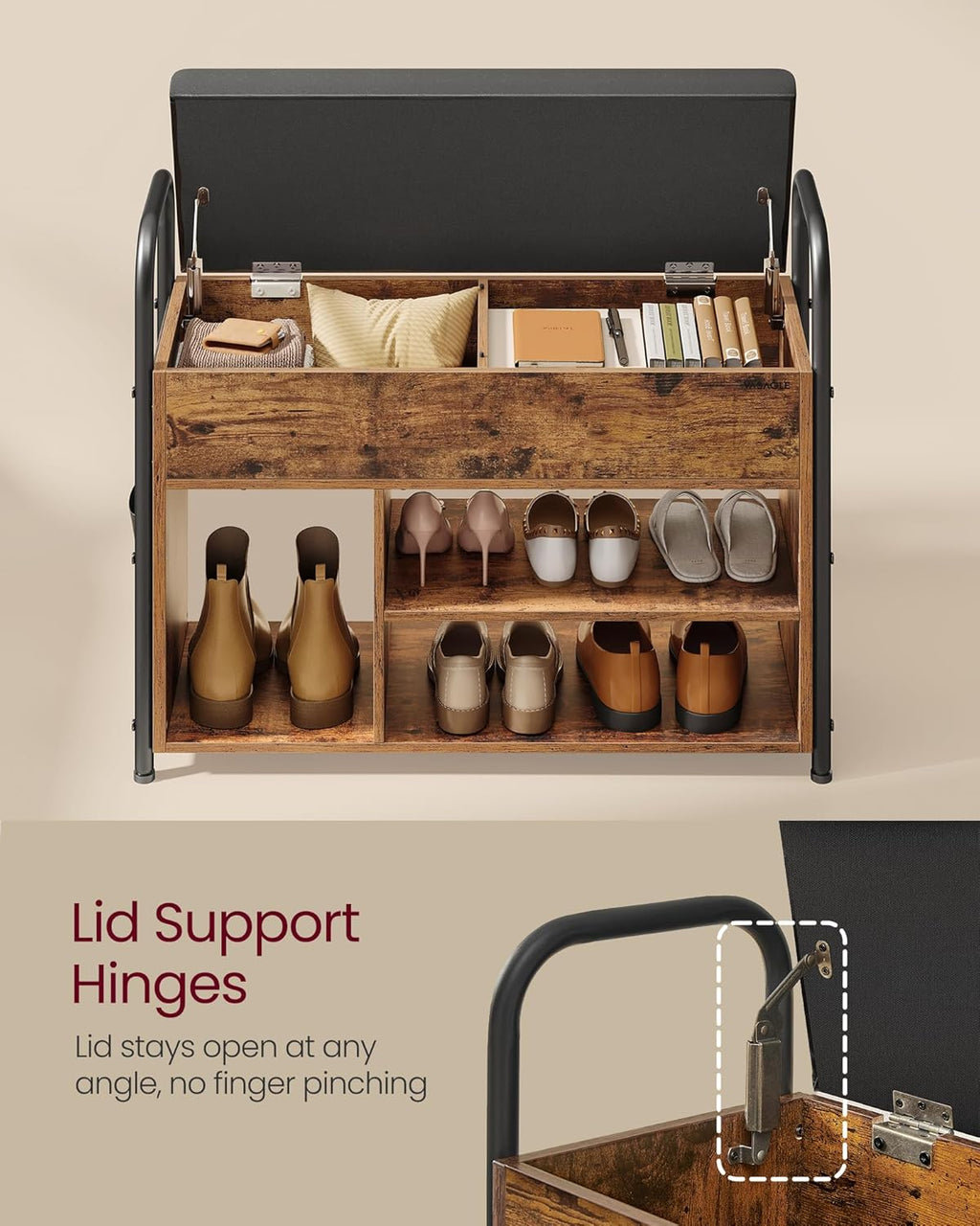 Rustic Brown and Ink Black Shoe Bench with Storage Z691411