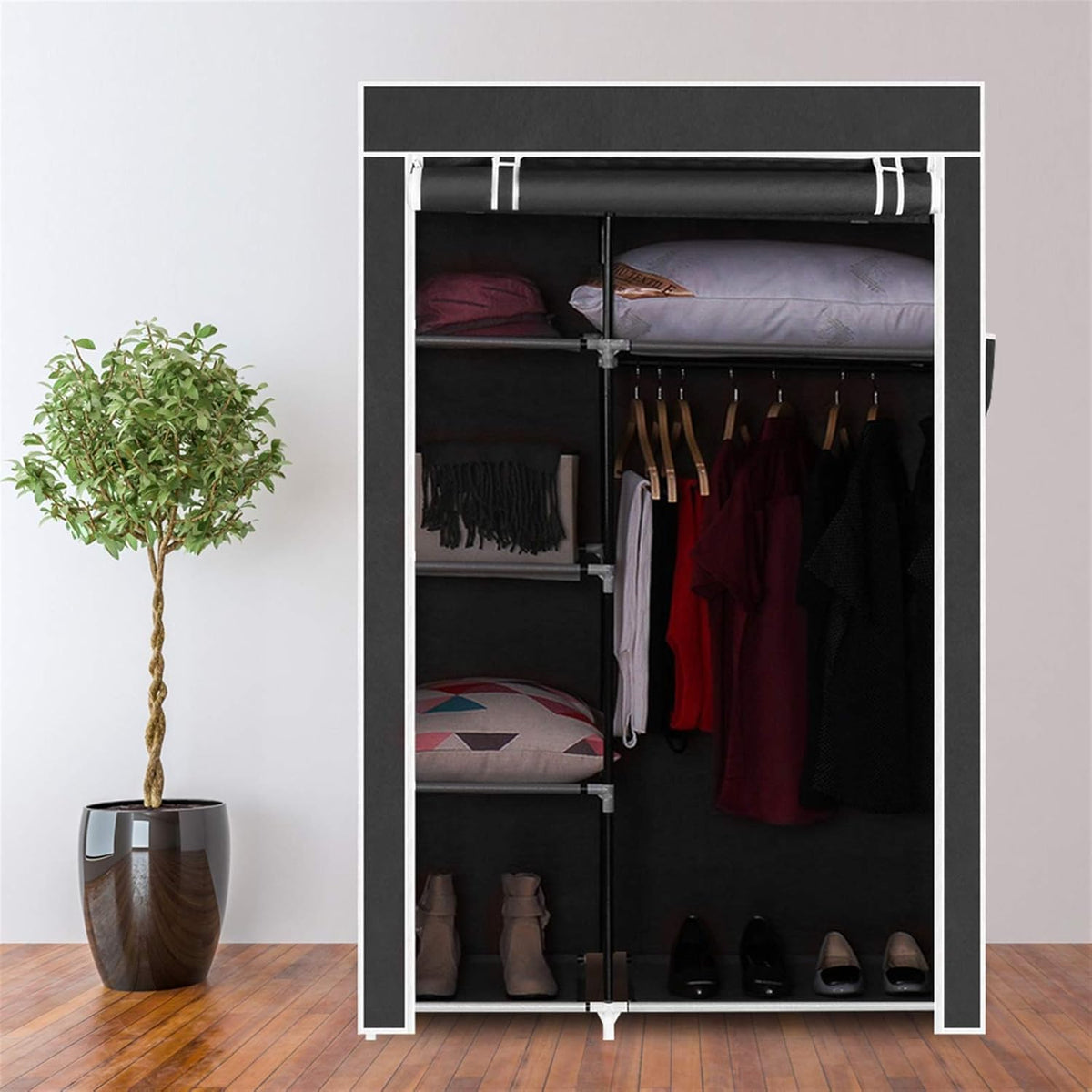 Black Non-Woven Fabric Portable Closet Wardrobe with Shelves and Cover J22423
