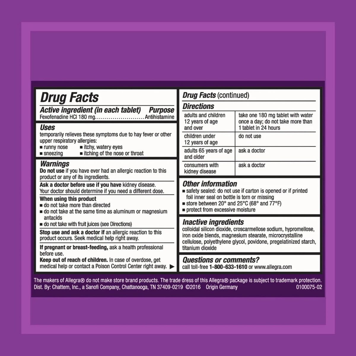 30 Pills 180 mg Antihistamine Tablets U752