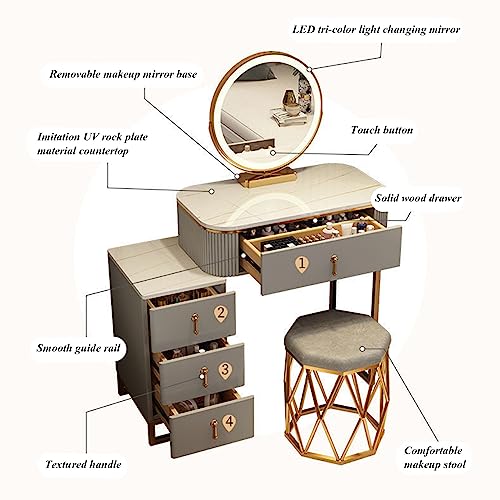Vanity Set with Large Round Lighted Mirror, Glass Top, 4 Drawers and Cushioned Stool G14741