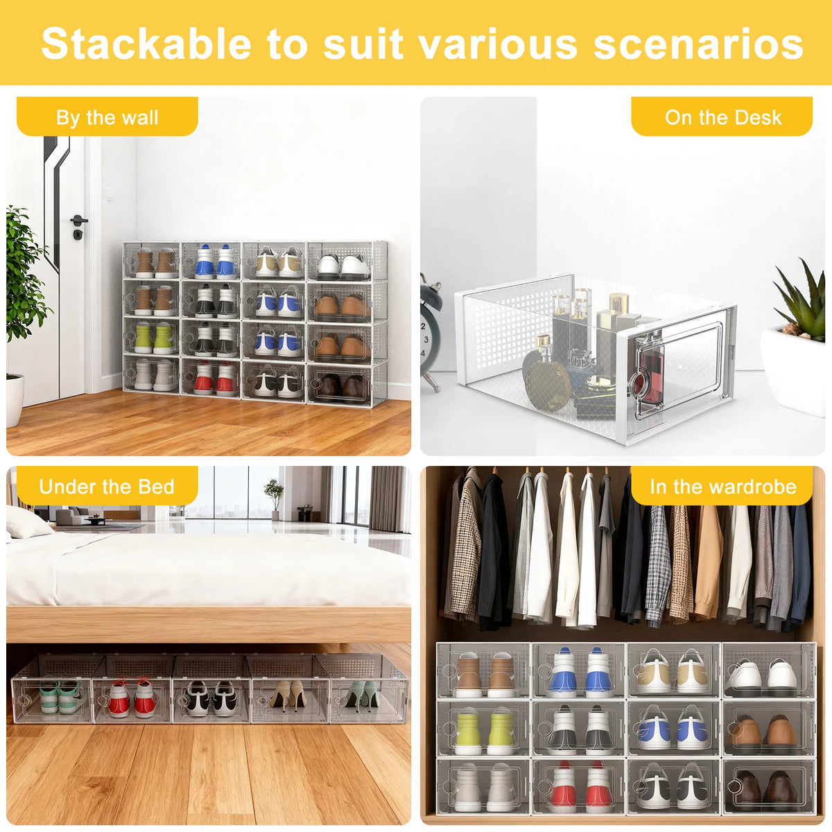 12 Pack Black Plastic Stackable Shoe Storage Box J8897