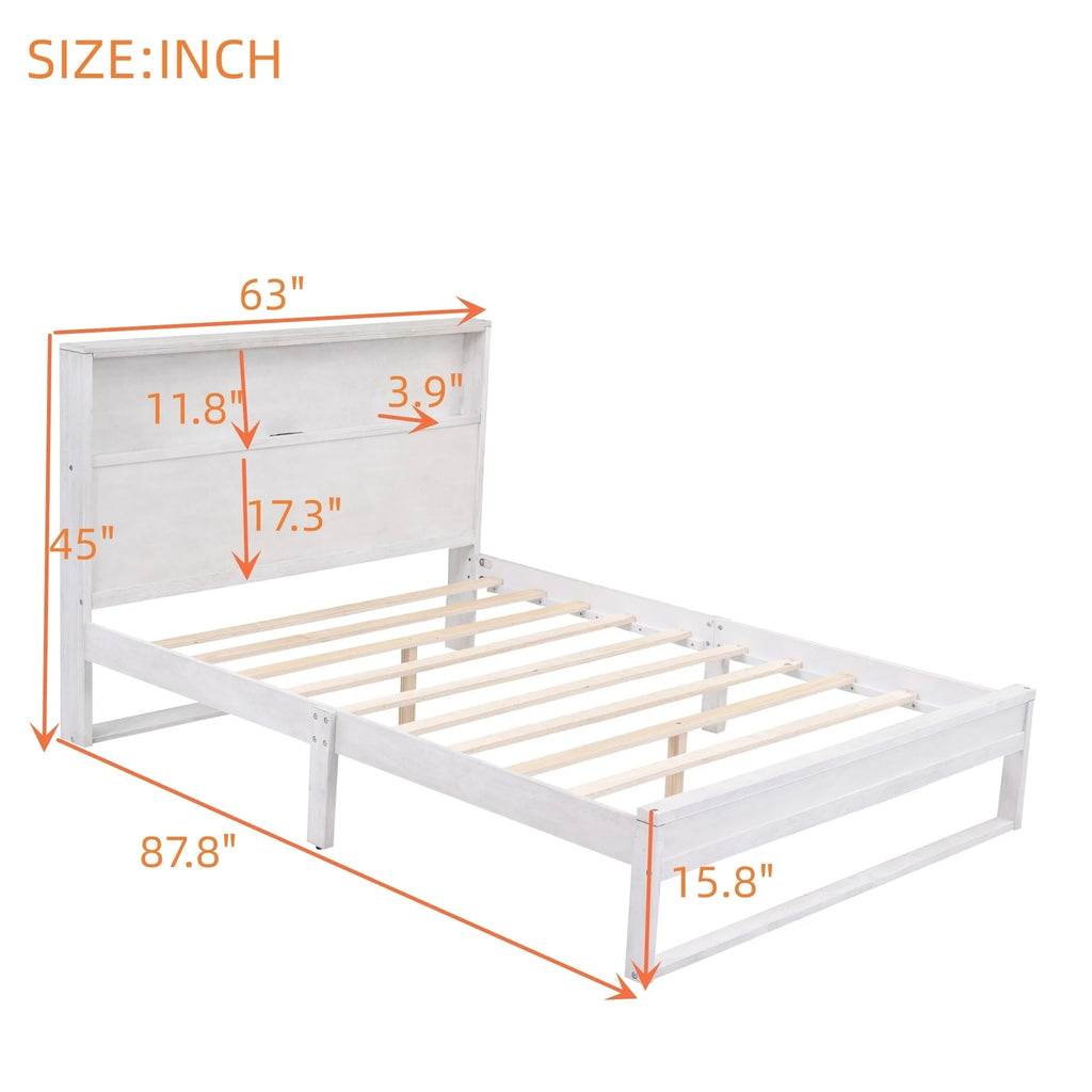 White Queen Size Platform Bed Frame with Storage P7867