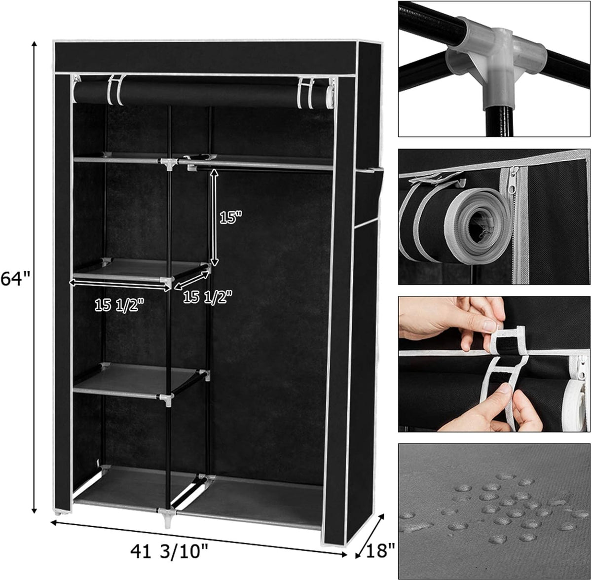 Black Non-Woven Fabric Portable Closet Wardrobe with Shelves and Cover J22423