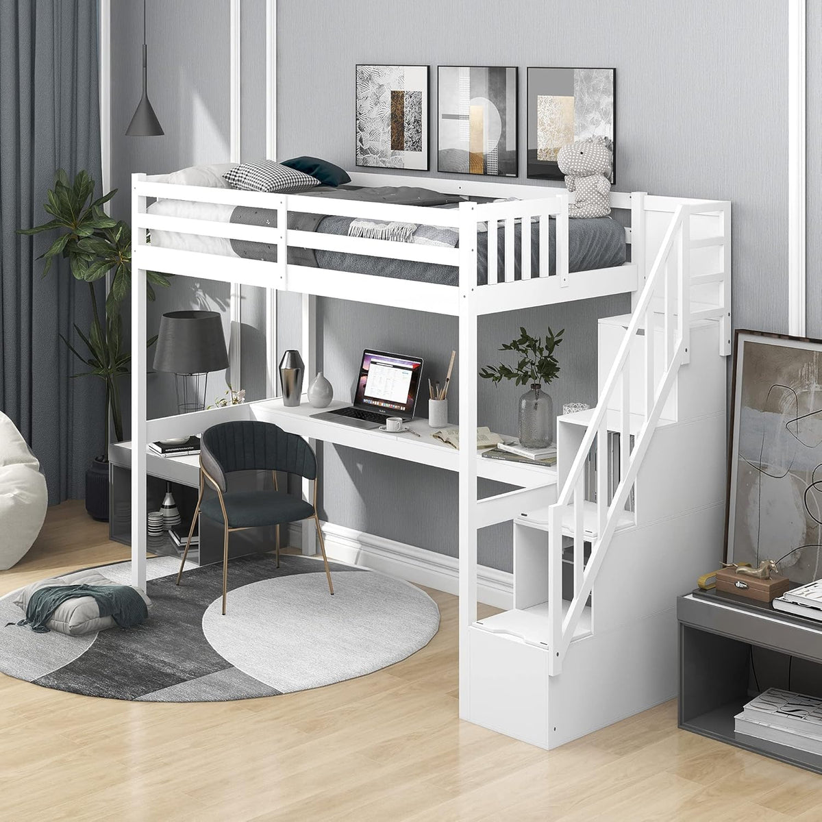 Twin Size White Loft Bed with Desk and Staircase Storage I4222