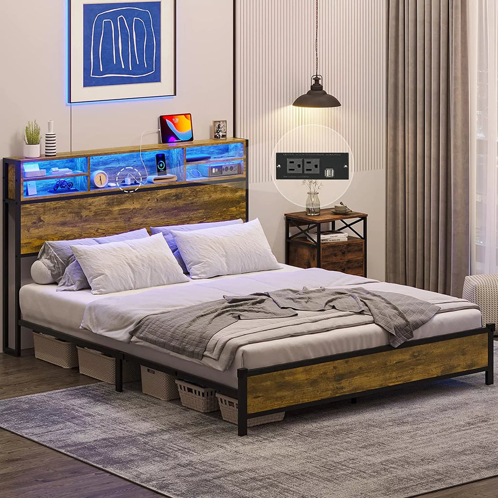 Queen RGB Led Light Metal Platform Bed with Storage Headboard O609