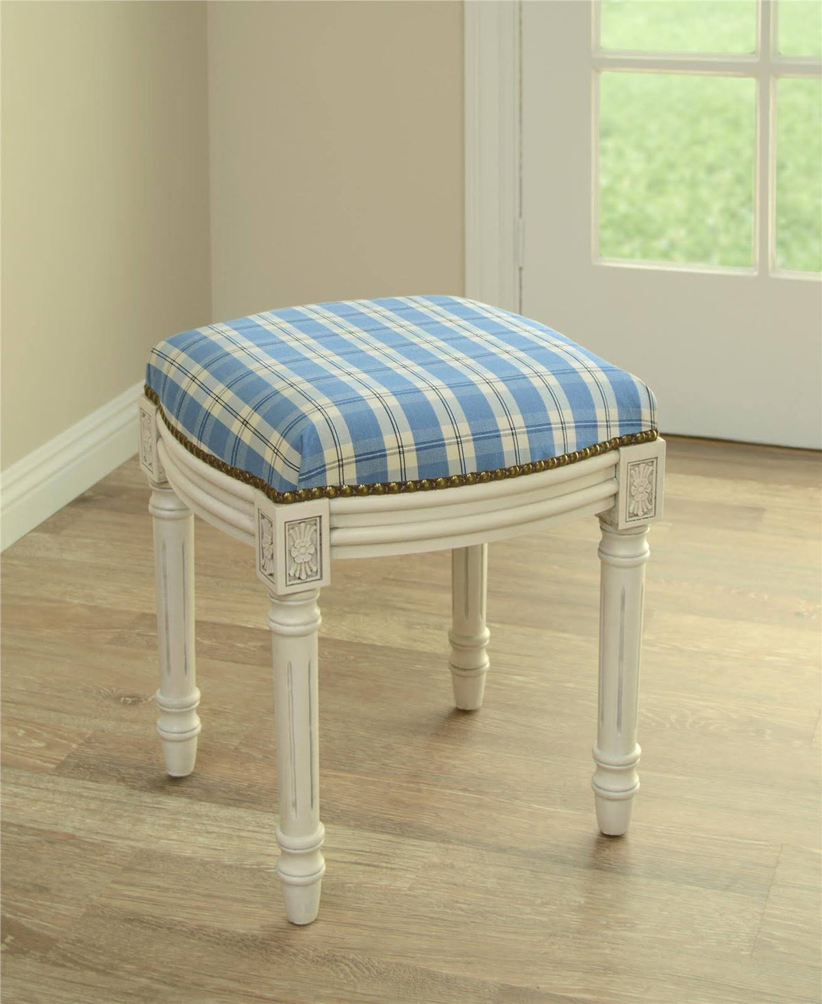 Blue Plaid Upholstered Vanity Stool D316142