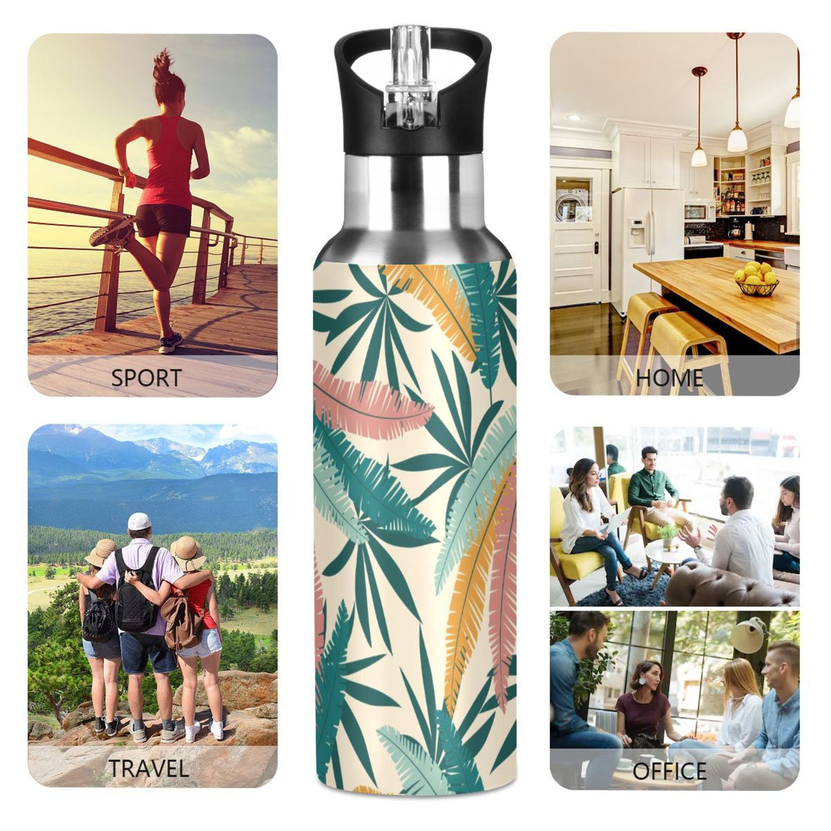 Green Leaves Stainless Steel Insulated Water Bottle with Straw Lid L179102